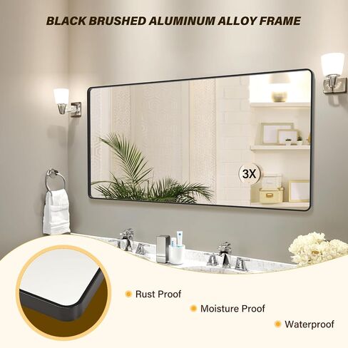 72X36 Inch Black Metal Framed Bathroom Mirror for Wall, Rounded Rectangle Mirror, Matte Black Bathroom Vanity Mirror, Environmentally Friendly Resin Mirror, Anti-Rust in Saudi Arabia