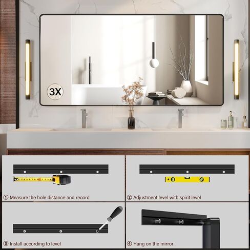 72X36 Inch Black Metal Framed Bathroom Mirror for Wall, Rounded Rectangle Mirror, Matte Black Bathroom Vanity Mirror, Environmentally Friendly Resin Mirror, Anti-Rust in Saudi Arabia