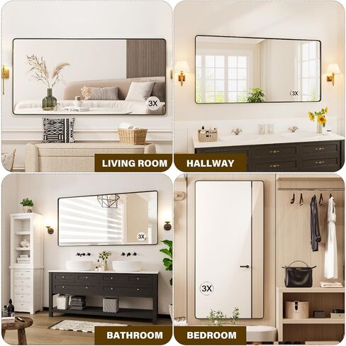 72X36 Inch Black Metal Framed Bathroom Mirror for Wall, Rounded Rectangle Mirror, Matte Black Bathroom Vanity Mirror, Environmentally Friendly Resin Mirror, Anti-Rust in Saudi Arabia