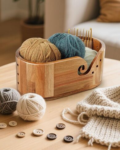 Yarn Bowl for Crocheting, Acacia Wood Yarn Storage with 9pcs Crochet Hooks in Kuwait