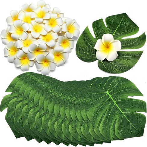 60 PCS إمدادات ديكور الحفلات الاستوائية 30 pcs 8 "fak monstera يترك 30 pcs 2.75" زهرة بلومريا الاصطناعية والغراء لصالح هاواي Luau Jungle Beach Party حفل زفاف (أبيض) in Saudi Arabia