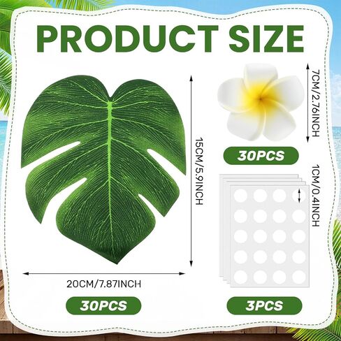 60 PCS إمدادات ديكور الحفلات الاستوائية 30 pcs 8 "fak monstera يترك 30 pcs 2.75" زهرة بلومريا الاصطناعية والغراء لصالح هاواي Luau Jungle Beach Party حفل زفاف (أبيض) in Saudi Arabia