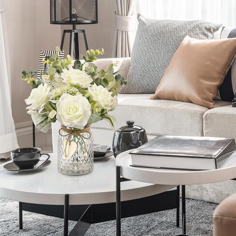 Hohotime الزهور الاصطناعية مع مزهرية ، ورود حريرية بيضاء ترتيب زهرة مزيفة مع الأوكالبتوس ، مزهرية نباتية مزهرية للمكاتب المنزلية طاولة الطعام المركزية مائدة القهوة ديكور مزرعة in Kuwait