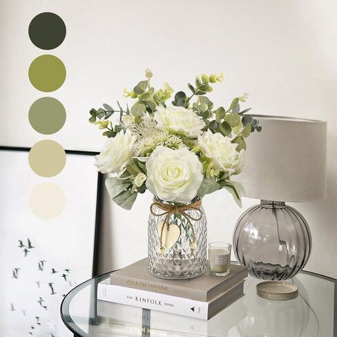 Hohotime الزهور الاصطناعية مع مزهرية ، ورود حريرية بيضاء ترتيب زهرة مزيفة مع الأوكالبتوس ، مزهرية نباتية مزهرية للمكاتب المنزلية طاولة الطعام المركزية مائدة القهوة ديكور مزرعة in Kuwait