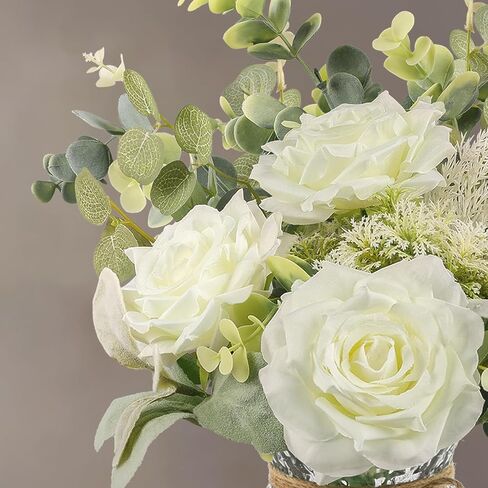 Hohotime الزهور الاصطناعية مع مزهرية ، ورود حريرية بيضاء ترتيب زهرة مزيفة مع الأوكالبتوس ، مزهرية نباتية مزهرية للمكاتب المنزلية طاولة الطعام المركزية مائدة القهوة ديكور مزرعة in Kuwait