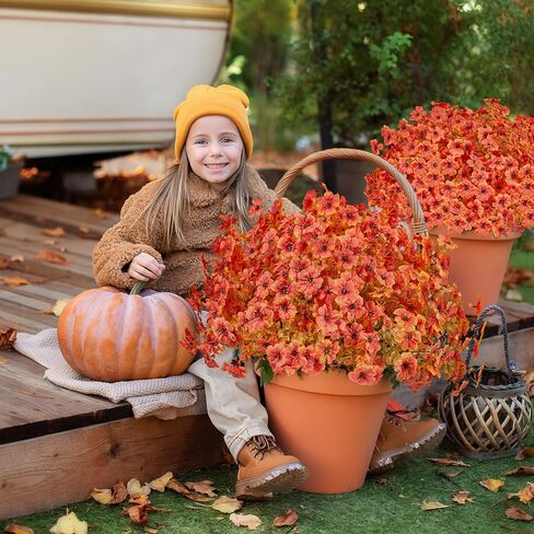 14 Bundles Artificial Fall Flowers for Outdoors Decoration,UV Resistant Faux Autumn Flowers No Fade Fake Orange Daisy Artificial Greenery Plants for Porch Balcony Garden Yard Thanksgiving Fall Decor in Kuwait