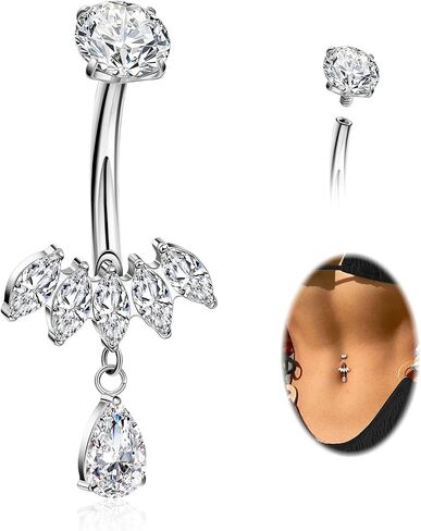 Revolia 14g G23 Solid Titanium Dangle Belly Butly Ring للنساء دمعة حلقة السرة على ملولبت داخليًا تشيك توليفليدي للبطن السرة المجوهرات 10 ملم in Saudi Arabia
