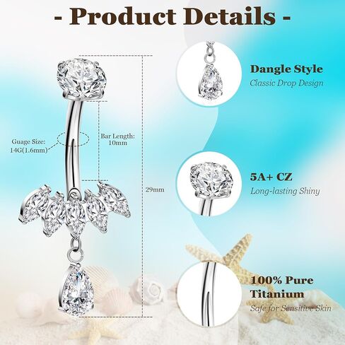 Revolia 14g G23 Solid Titanium Dangle Belly Butly Ring للنساء دمعة حلقة السرة على ملولبت داخليًا تشيك توليفليدي للبطن السرة المجوهرات 10 ملم in Saudi Arabia