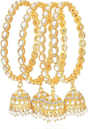 Aheli Gold مطلي 2.6 بوصة Kundan & Beads Bangle مع معلقة Jhumka Jhumki المجوهرات العرقية هدية للنساء in Saudi Arabia