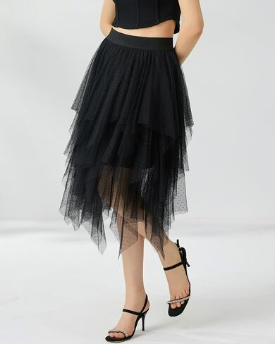 تنورة تول للسيدات عالية الخصر مرنة الطبقات منتفخة شبكية غير منتظمة MIDI TUTU تنورة in Kuwait