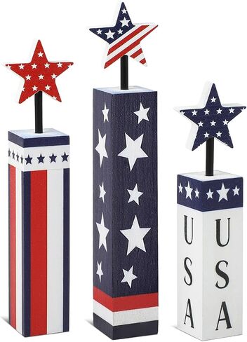 COCHIE 4th of July Decorations Set, Red White Blue Decor, Wooden Patriotic Memorial Day Tiered Tray Decor, Labor Day Decorations, Fourth of July Decoration for Home Office Table (Flag Printed) in Saudi Arabia