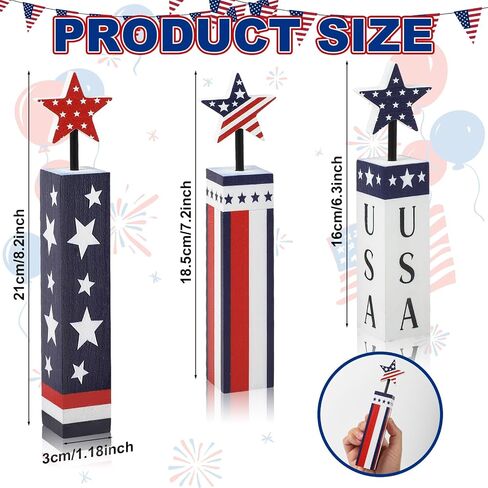 COCHIE 4th of July Decorations Set, Red White Blue Decor, Wooden Patriotic Memorial Day Tiered Tray Decor, Labor Day Decorations, Fourth of July Decoration for Home Office Table (Flag Printed) in Saudi Arabia