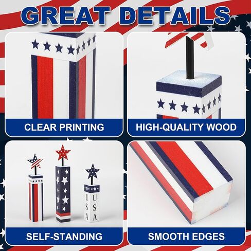COCHIE 4th of July Decorations Set, Red White Blue Decor, Wooden Patriotic Memorial Day Tiered Tray Decor, Labor Day Decorations, Fourth of July Decoration for Home Office Table (Flag Printed) in Saudi Arabia