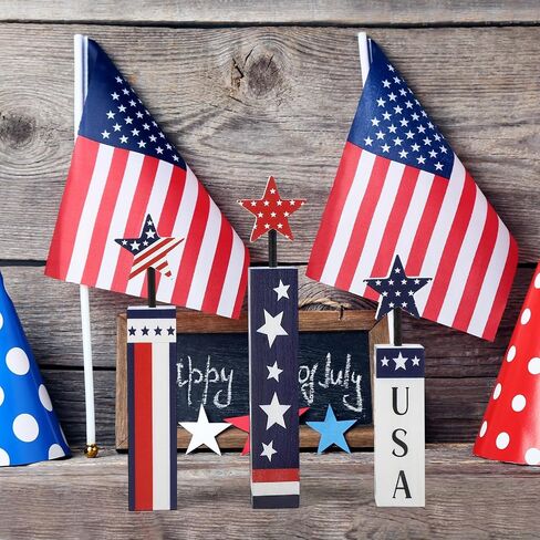 COCHIE 4th of July Decorations Set, Red White Blue Decor, Wooden Patriotic Memorial Day Tiered Tray Decor, Labor Day Decorations, Fourth of July Decoration for Home Office Table (Flag Printed) in Saudi Arabia