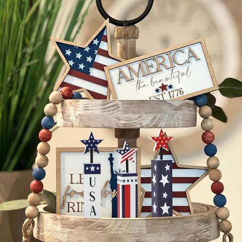 COCHIE 4th of July Decorations Set, Red White Blue Decor, Wooden Patriotic Memorial Day Tiered Tray Decor, Labor Day Decorations, Fourth of July Decoration for Home Office Table (Flag Printed) in Saudi Arabia