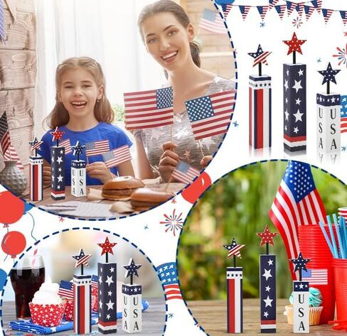COCHIE 4th of July Decorations Set, Red White Blue Decor, Wooden Patriotic Memorial Day Tiered Tray Decor, Labor Day Decorations, Fourth of July Decoration for Home Office Table (Flag Printed) in Saudi Arabia