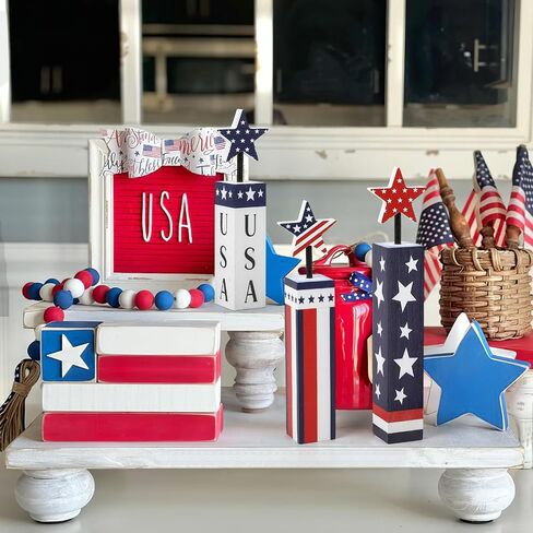 COCHIE 4th of July Decorations Set, Red White Blue Decor, Wooden Patriotic Memorial Day Tiered Tray Decor, Labor Day Decorations, Fourth of July Decoration for Home Office Table (Flag Printed) in Saudi Arabia