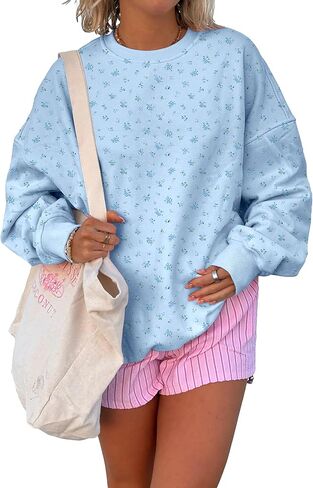 Women Y2k Ditsy Floral Print Oversized Sweatshirts Cute Lightweight Fleece Crewneck Pullover Shirt Fall Outfits in Saudi Arabia