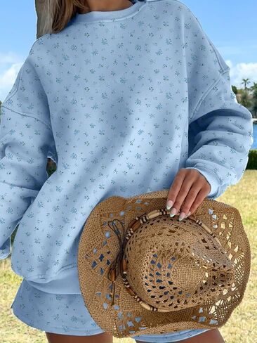 Women Y2k Ditsy Floral Print Oversized Sweatshirts Cute Lightweight Fleece Crewneck Pullover Shirt Fall Outfits in Saudi Arabia