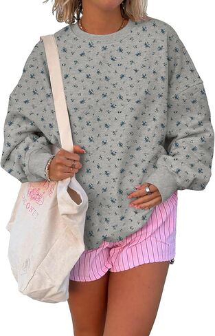 Women Y2k Ditsy Floral Print Oversized Sweatshirts Cute Lightweight Fleece Crewneck Pullover Shirt Fall Outfits in Saudi Arabia