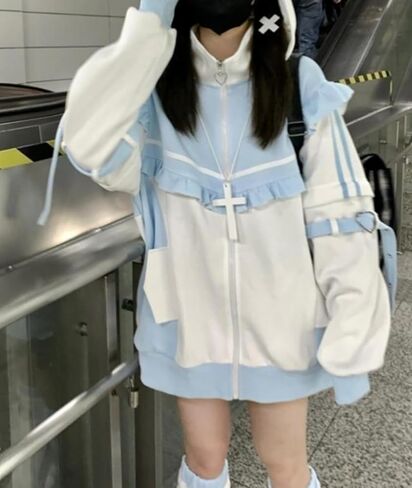 Harajuku Cat Print Hoodies Graphic Hoodie Jirai Kei Tenshi Kawaii Cat Ears ملابس كبيرة الحجم من هوديي القوطية الأعلى in Saudi Arabia