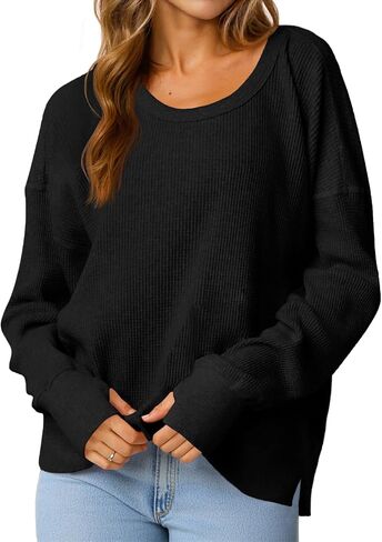 Fisoew Womens Crewneck Sweatshirt Waffle متماسكة الأكمام الطويلة الجانبية فتحة فضفاضة قمصان السقوط in Saudi Arabia