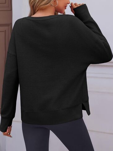 Fisoew Womens Crewneck Sweatshirt Waffle متماسكة الأكمام الطويلة الجانبية فتحة فضفاضة قمصان السقوط in Saudi Arabia