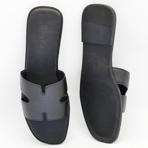 Women's Flat Sandals, Ladies Leather Slippers, Comfy Dressy Slip on Shoes Elegant Slides Summer Fall Spring Cute Open Toe Casual Footwear in Saudi Arabia