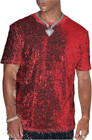 Oyoangle Men's Sprearly Seirt Shirt Crew Neck Short Short Shiny Tops Tops Nightclub Glitter T- T- قمصان in Kuwait