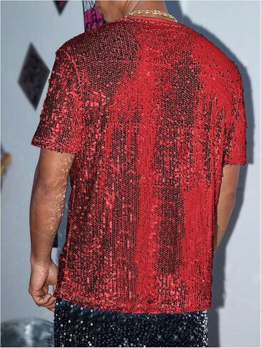 Oyoangle Men's Sprearly Seirt Shirt Crew Neck Short Short Shiny Tops Tops Nightclub Glitter T- T- قمصان in Kuwait