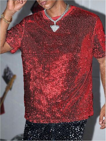 Oyoangle Men's Sprearly Seirt Shirt Crew Neck Short Short Shiny Tops Tops Nightclub Glitter T- T- قمصان in Kuwait