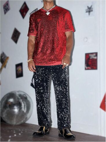 Oyoangle Men's Sprearly Seirt Shirt Crew Neck Short Short Shiny Tops Tops Nightclub Glitter T- T- قمصان in Kuwait