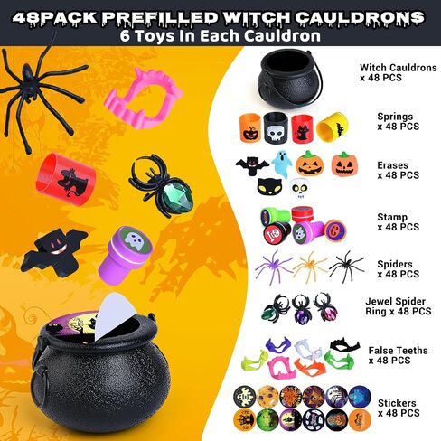 480 PCS Halloween Party Favors Bulk for Kids, 60 Pack Prefilled Witch Cauldrons with Halloween Toys, Halloween Goodie Bag Fillers, Halloween Party Supplies, Halloween Miniatures Novelty Toys in Kuwait