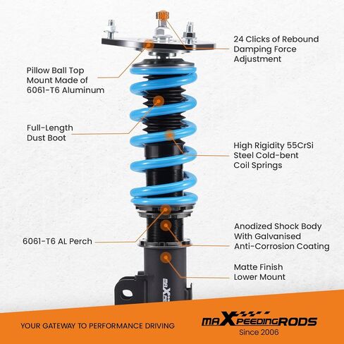 MaxPeedingRods Coilover for Mitsubishi 3000GT 1991-1999 FWD ، 24 مستويات مثبطات التعليق قابلة للتعديل طقم التعليق ، دعامات صدمات ضبط الارتفاع ، ترقية T6 مجموعات خفض الأزرق الأزرق in Saudi Arabia