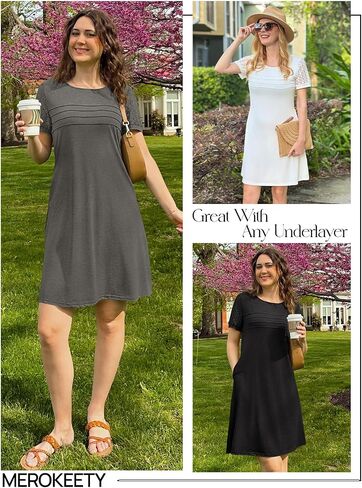MEROKEETY Women's Summer Short Lace Sleeve T Shirt Dress Casual Crew Neck Pleated Front Shift Dresses in Saudi Arabia