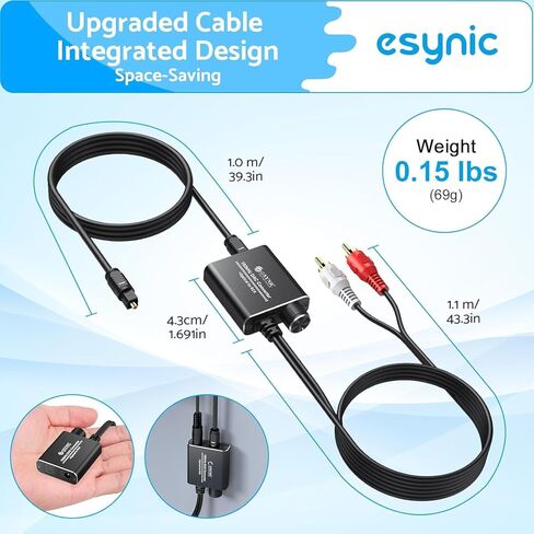 eSynic Professional RCA to Optical Audio Converter Alloy Shell Analog to Digital Audio Converter 2.1M/7ft RCA to Optical Cable PCM Audio RCA in to Optical Out Adapter for CD Player to Soundbar etc in Kuwait