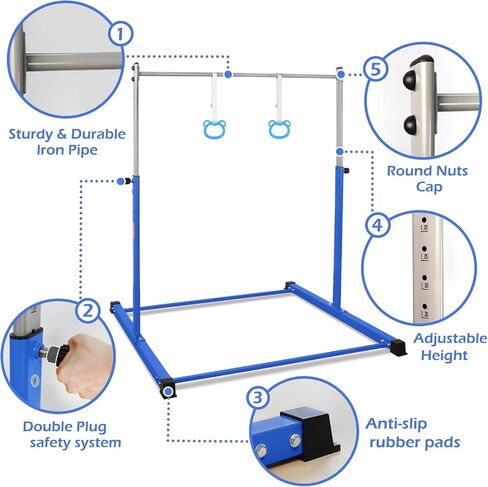Gymnastics Bar for Kids, 3.5' to 5.3' Height Adjustable, 11 Levels, Home Gym Equipment, Ages 3-16, Horizontal Bar for Home Training, 300 LBS Capacity, Easy to Assemble in Saudi Arabia