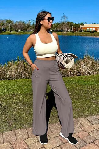 G4Free سروال يوجا نسائي كاجوال مضلع واسع الساق مع جيوب خفيف الوزن عالي الخصر سروال يوجا صغير/عادي/طويل in Kuwait