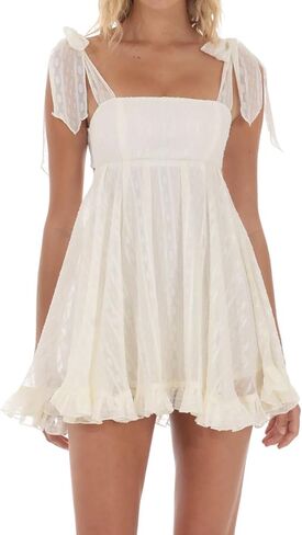 Women's Babydoll Mini Dress Shoulder Tie Strap Backless Short Flowy Dress Summer Casual Beach Vacation Sundress Outfit in Saudi Arabia