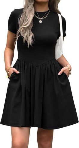 Womens Summer T Shirt Dress Short Sleeve Casual Mini Dresses Drop Waist Swing A Line Dress with Pockets in Kuwait