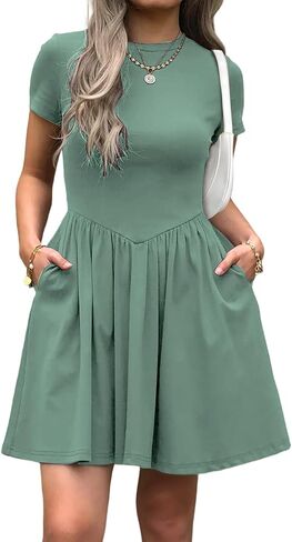 Womens Summer T Shirt Dress Short Sleeve Casual Mini Dresses Drop Waist Swing A Line Dress with Pockets in Kuwait