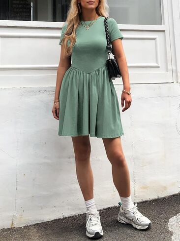 Womens Summer T Shirt Dress Short Sleeve Casual Mini Dresses Drop Waist Swing A Line Dress with Pockets in Kuwait