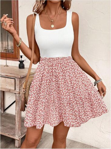 SOLY HUX Summer Dresses for Women Floral Print Square Neck Sleeveless A Line Ruffle Hem Flowy Short Dress in Saudi Arabia