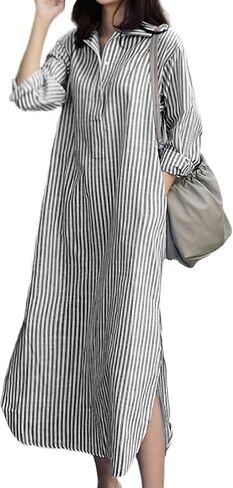 Chouyatou Women Long Sleeve V الرقبة مخططة بمخطط فستان فضفاض Long Maxi Cotton Dress مع جيب in Saudi Arabia