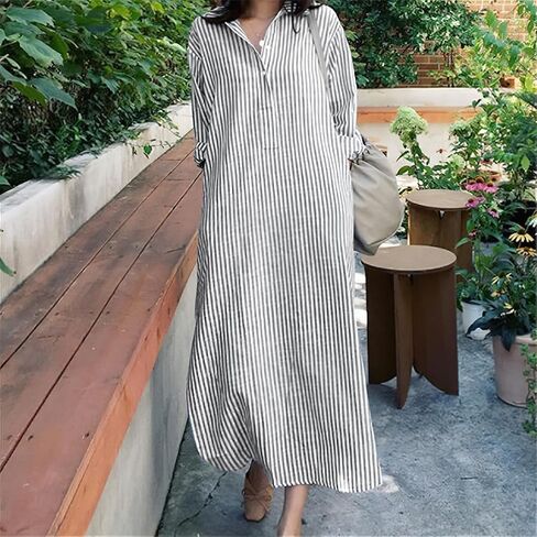 Chouyatou Women Long Sleeve V الرقبة مخططة بمخطط فستان فضفاض Long Maxi Cotton Dress مع جيب in Saudi Arabia