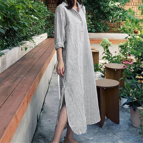 Chouyatou Women Long Sleeve V الرقبة مخططة بمخطط فستان فضفاض Long Maxi Cotton Dress مع جيب in Saudi Arabia