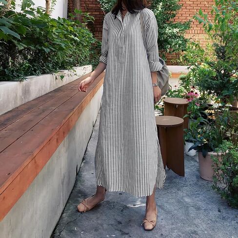 Chouyatou Women Long Sleeve V الرقبة مخططة بمخطط فستان فضفاض Long Maxi Cotton Dress مع جيب in Saudi Arabia