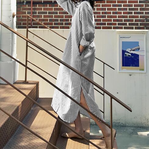Chouyatou Women Long Sleeve V الرقبة مخططة بمخطط فستان فضفاض Long Maxi Cotton Dress مع جيب in Saudi Arabia