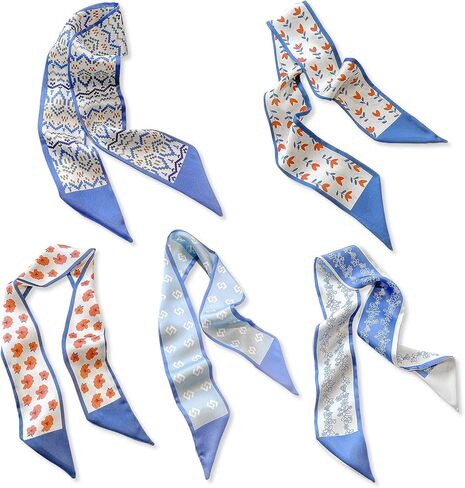5 Packs Skinny Silk Scarf Women Girls Fresh Flower Geometric Pattern Satin Narrow Neckerchief Headdress Ribbon Scarf in Kuwait