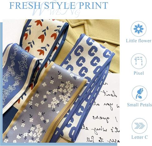 5 Packs Skinny Silk Scarf Women Girls Fresh Flower Geometric Pattern Satin Narrow Neckerchief Headdress Ribbon Scarf in Kuwait